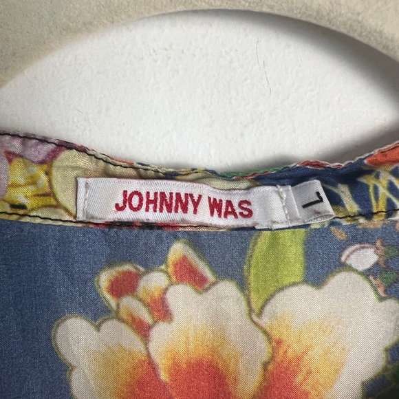 Johnny Was 100% Silk Bright Colorful Floral Print Bohemian Peasant Blouse Top L - Picture 10 of 12